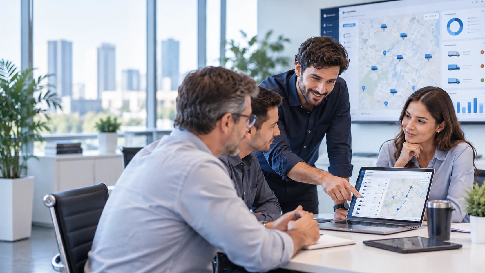 Equipe analisando painel de gestão de frota em laptop e telão, com mapa e indicadores de veículos